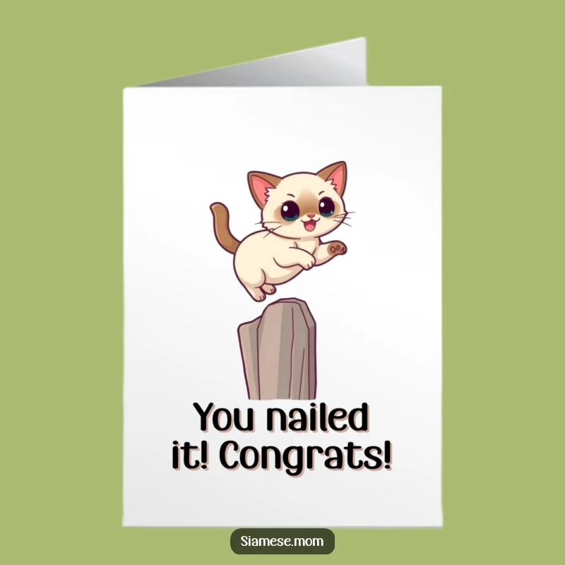 Free Printable Congrats Card: Kawaii Siamese Cat's Triumph - DIY Downloadable