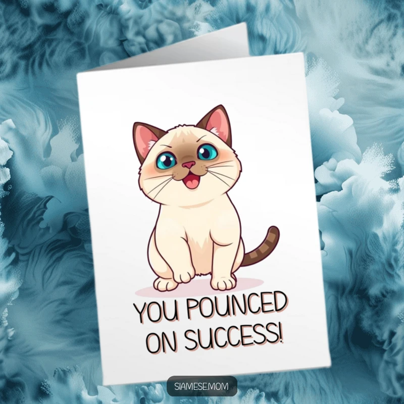 Funny Free Printable Congratulations Card: Playful Kawaii Siamese cat in a dynamic pounce, celebrating your win, a downloadable surprise.