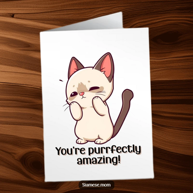 Charming free printable congratulations card showcasing a kawaii Siamese cat gracefully arching its back in a friendly, cute greeting.