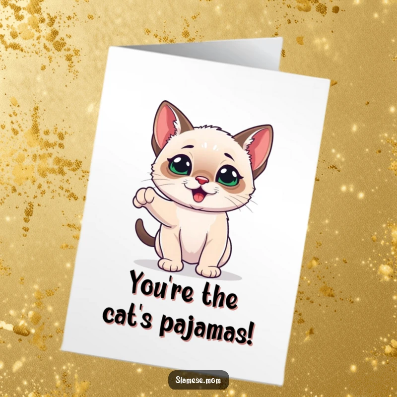 Funny Free Printable congratulations card: An energetic and playful kawaii Siamese kitten jumps for joy, celebrating your amazing accomplishment.