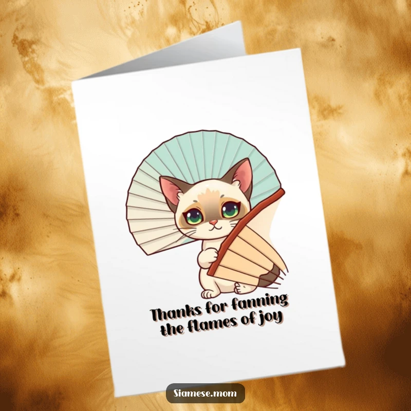 Funny Free Printable Thank You Card: A sneaky Siamese cat peeks from behind a fan, offering thanks with a smile.