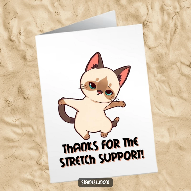Free Printable Thank You Card: Adorable kawaii Siamese cat in a long, graceful stretch, exuding calm.