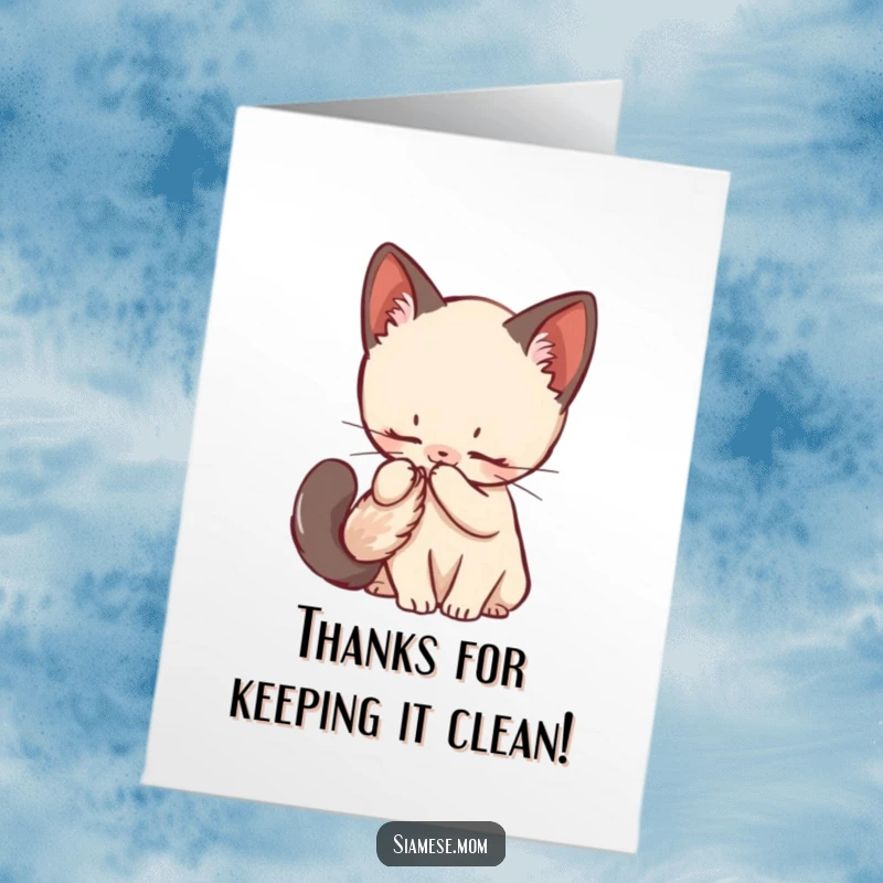 Funny Free Printable thank you card: A kawaii Siamese kitten focuses on grooming its very fluffy tail, sending thanks with gentle care.