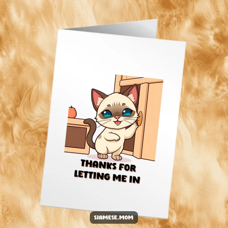 Funny Free Printable Thank You Card: A mischievous Kawaii Siamese cat with a grin tries to open a cabinet, conveying thanks.
