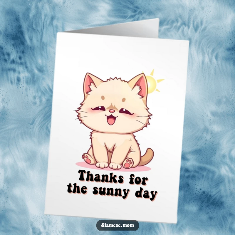 Funny Free Printable Thank You Card: A fluffy Kawaii Siamese cat playfully bats at a sunbeam, sending sunny thanks.