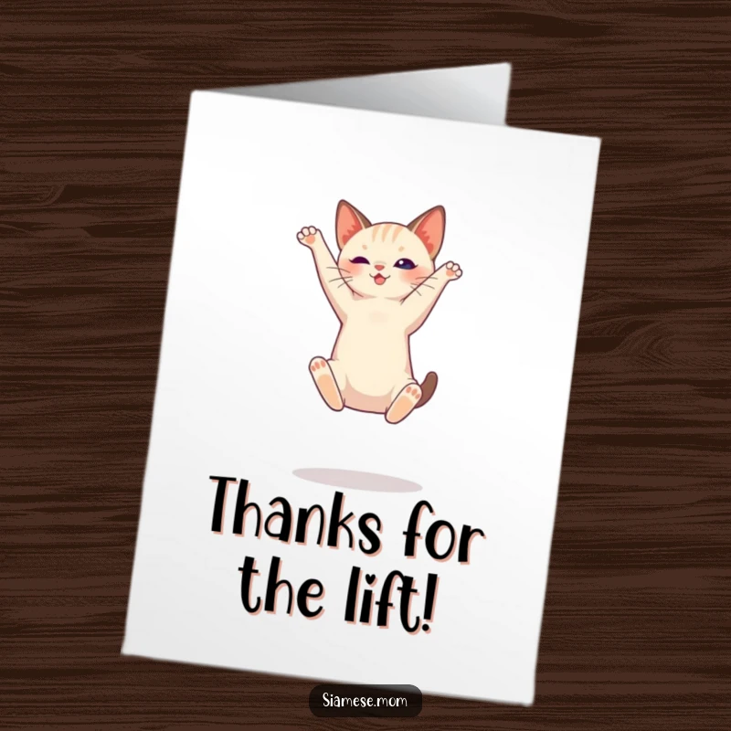 Free Printable Thank You Card: Siamese cat captured mid-leap, conveying graceful appreciation.