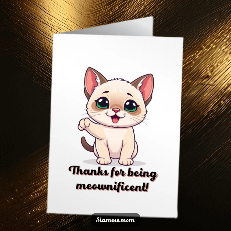 Funny Free Printable thank you card: A super playful and energetic kawaii Siamese kitten dashes with happiness, expressing thanks.