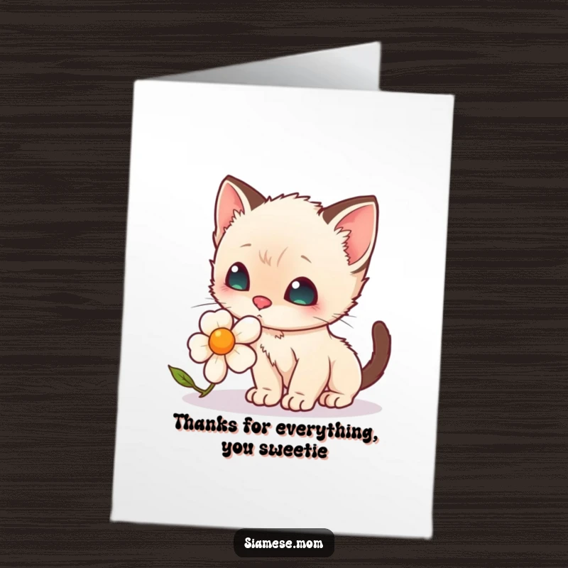 Funny Free Printable Thank You Card: Cute kawaii Siamese kitten sweetly sniffing a lovely flower.