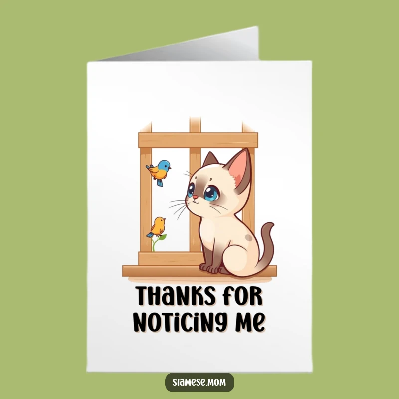 Free Printable Kawaii Siamese Cat Thank You Card: Bird Watching Gratitude Downloadable Gift