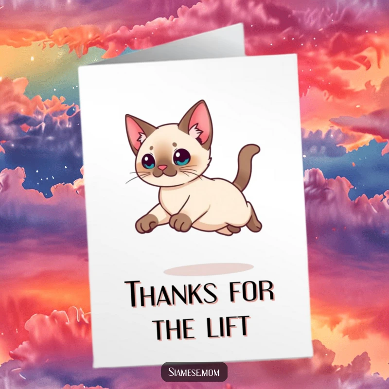 Funny Free Printable Thank You Card: Elegant Kawaii Siamese Cat leaping gracefully, showing appreciation with style.