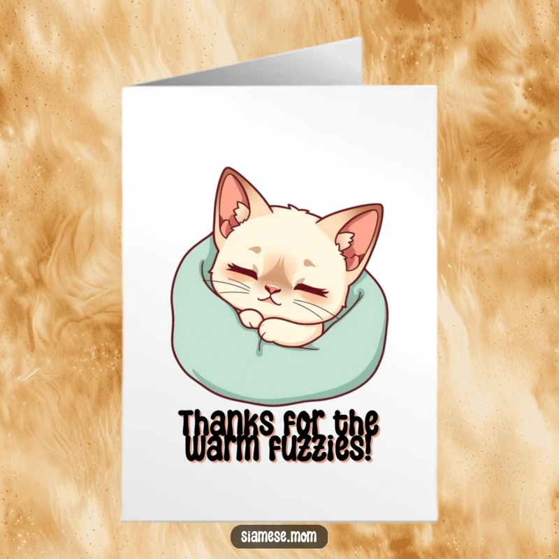 Funny Free Printable Thank You Card: Cozy Kawaii Siamese cat purring in a blanket, sending warm thanks, a purrfectly downloadable design.