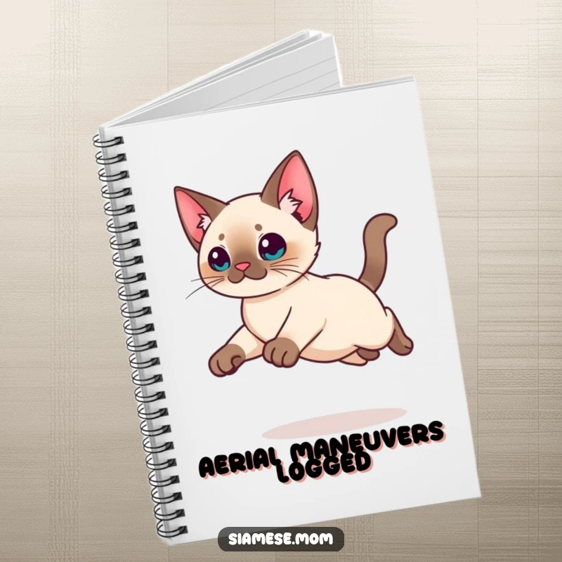Funny Kawaii Siamese cat notebook with a graceful leap design, perfect for jotting down notes with a humorous feline touch.
