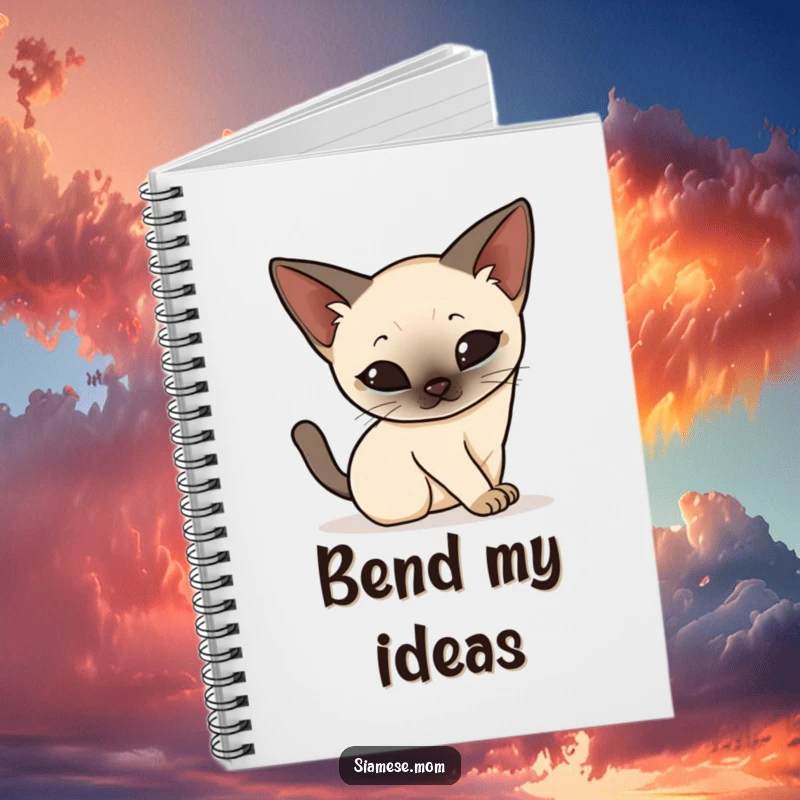 Funny Kawaii Siamese cat notebook, elegantly stretching and arching its back with grace, a space for graceful thoughts and a touch of humor.