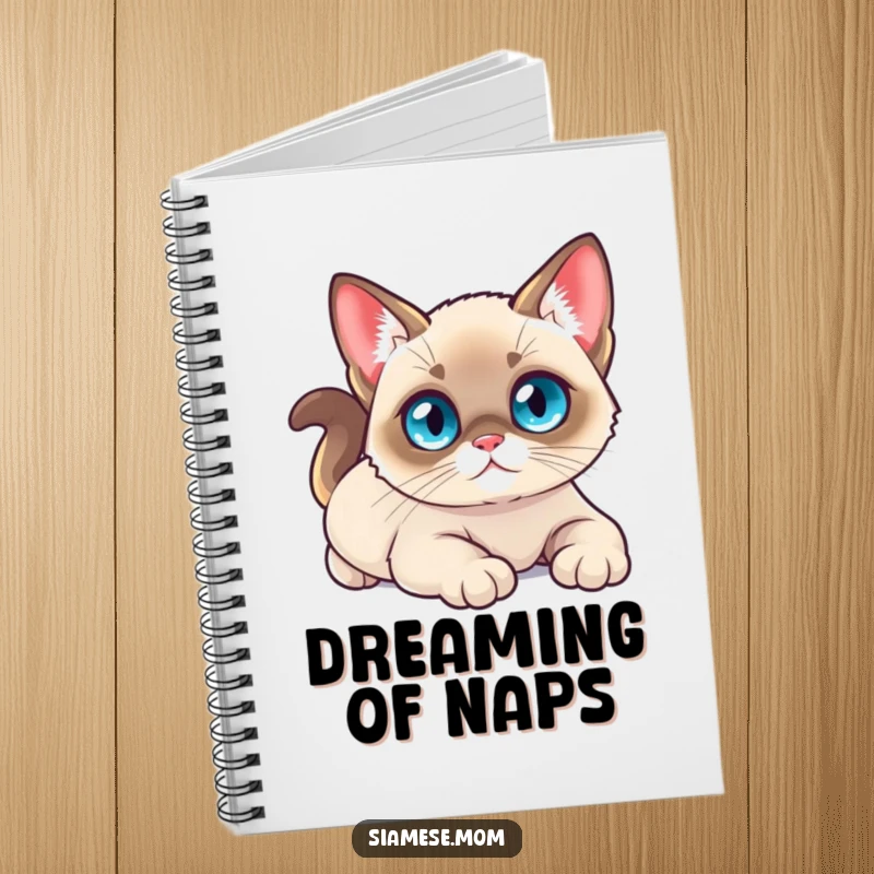 Funny notebook featuring a small kawaii Siamese cat with bright blue eyes, stretching luxuriously, ideal for calm thoughts.