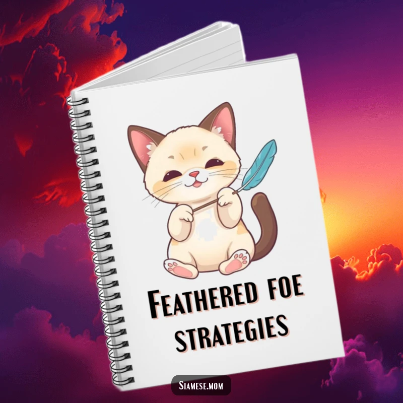 Funny Kawaii Siamese cat notebook with elegant paws batting a feather toy, perfect for jotting down notes with a humorous feline touch.