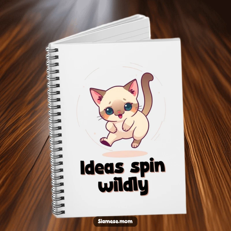 Funny notebook featuring a kawaii Siamese cat chasing its tail in a dizzy circle, ideal for playful thoughts.