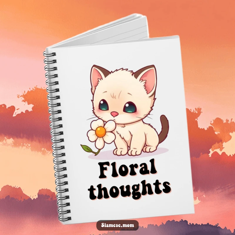 Funny Notebook: A kawaii Siamese kitten with focused eyes smelling a detailed botanical illustration of a rose.