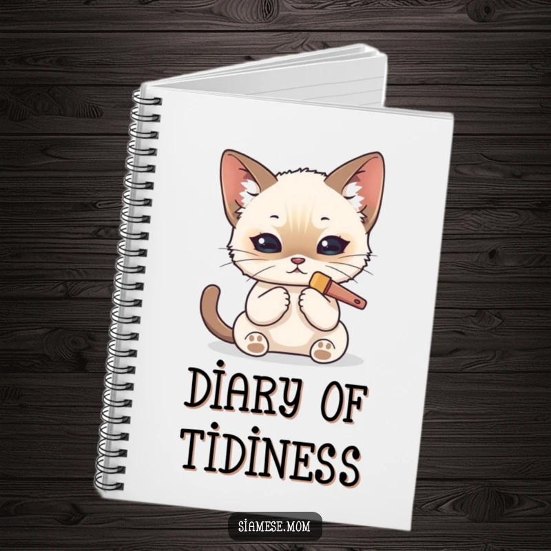 Funny Kawaii Siamese cat notebook cover with a cat meticulously grooming its fur with a tiny brush, ready for notes.
