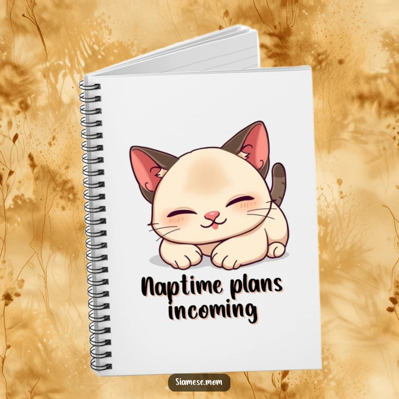 Funny Kawaii Siamese cat notebook with a lazy, contented stretch design, perfect for jotting down notes with a humorous feline touch.