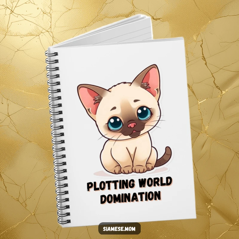 Funny notebook featuring a curious kawaii Siamese cat with perked ears, arching its back, ideal for note-taking.