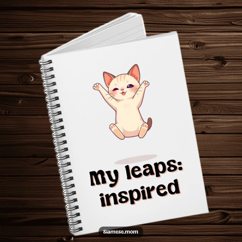 Funny Siamese cat notebook, illustrating a cat mid-jump, ideal for jotting down notes and creative thoughts.
