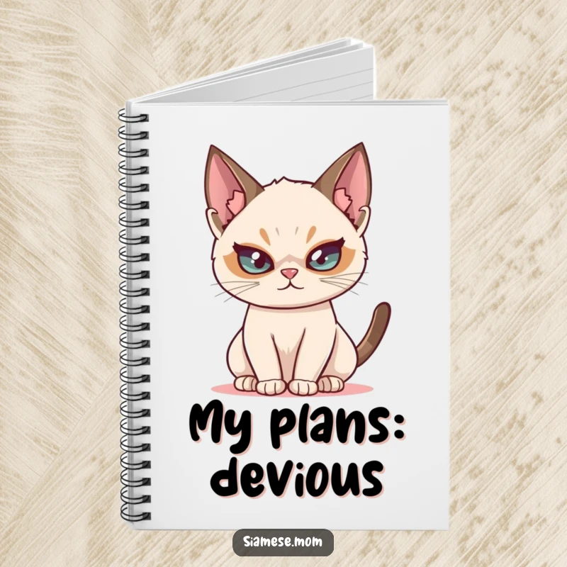 Funny Siamese cat notebook, illustrating a mischievous cat with a twinkle, ideal for jotting down ideas.