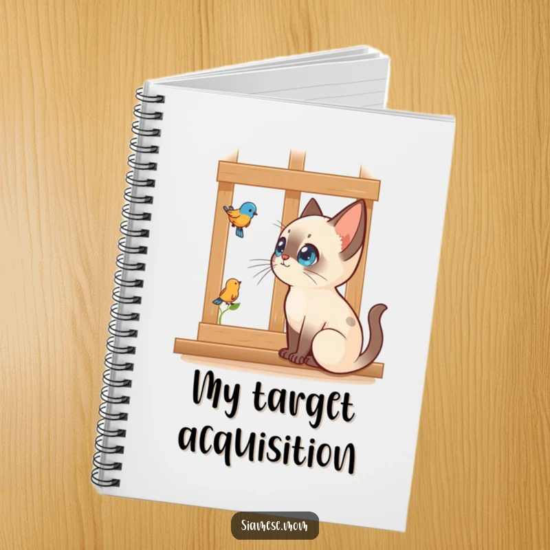 Funny Kawaii Siamese cat notebook illustrating intense bird watching through a window, inspiring notes and humor.