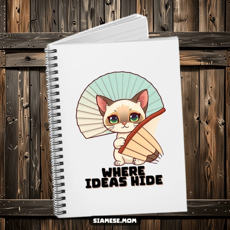 Funny Siamese Cat Notebook: A clever Siamese cat peeks from behind a fan, perfect for jotting down funny thoughts and ideas.