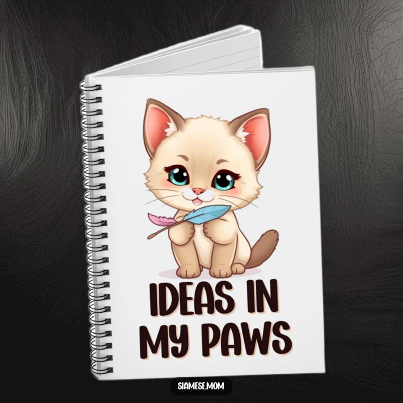Funny Siamese Kitten Notebook featuring a kawaii cat with a mischievous grin holding a feather, perfect for jotting down playful thoughts.