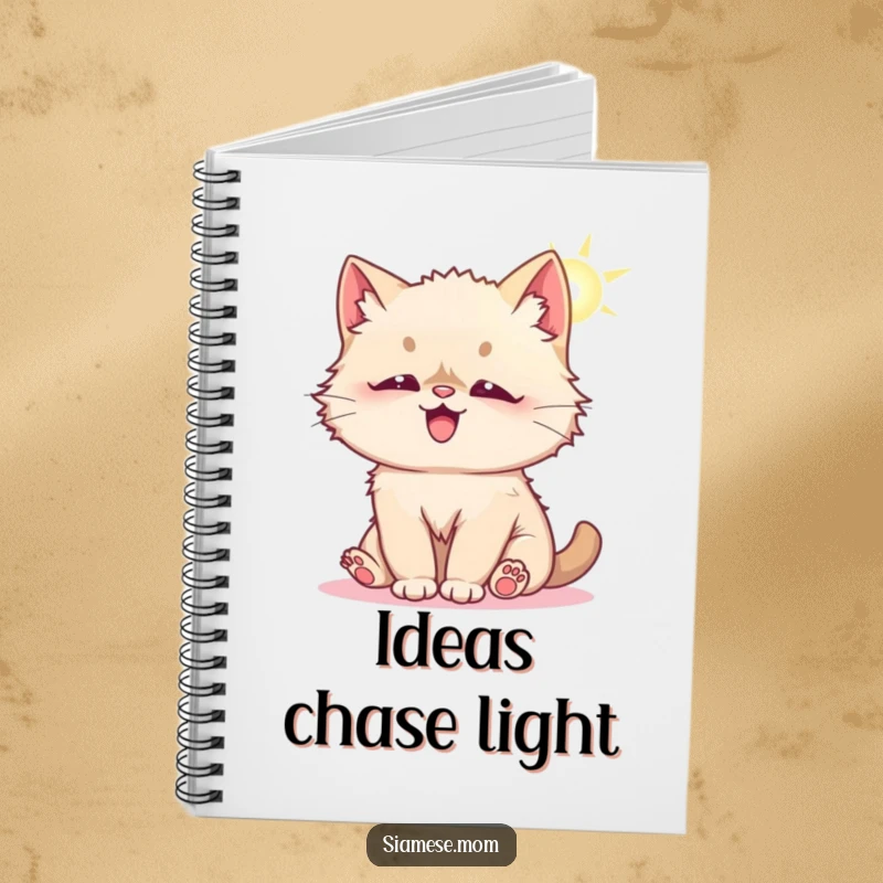 Funny notebook cover featuring a fluffy Kawaii Siamese cat playfully batting at a sunbeam, great for note-taking with a cheerful theme.