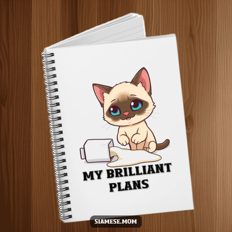 Funny Siamese cat notebook, looking smugly at a spilled milk carton, ideal for note-taking with humor, a superb funny gift.