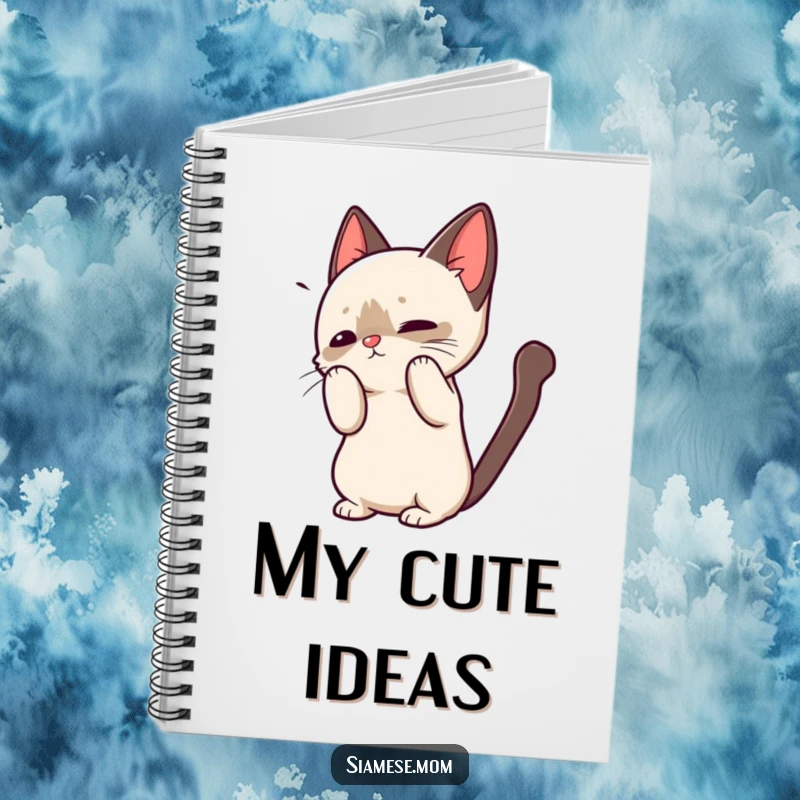 Funny notebook with a kawaii Siamese cat in a playful greeting, perfect for jotting down notes and cat-themed ideas.