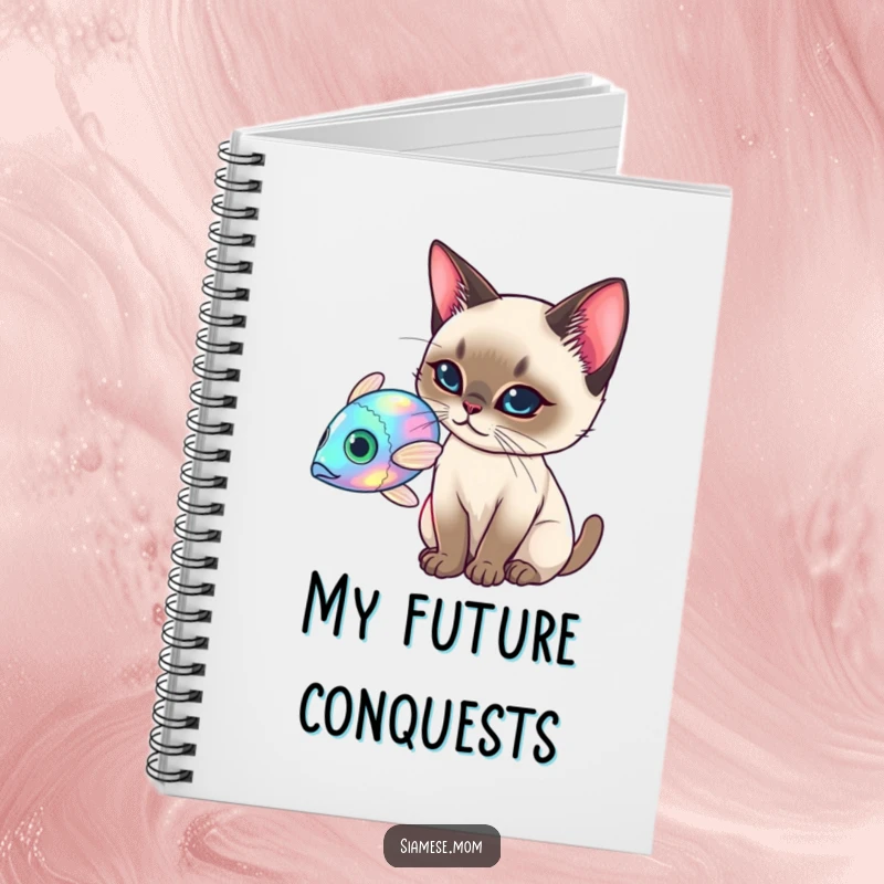 Funny Siamese Cat Notebook, elegant cat batting at a holographic fish, creative and funny gift for journaling.