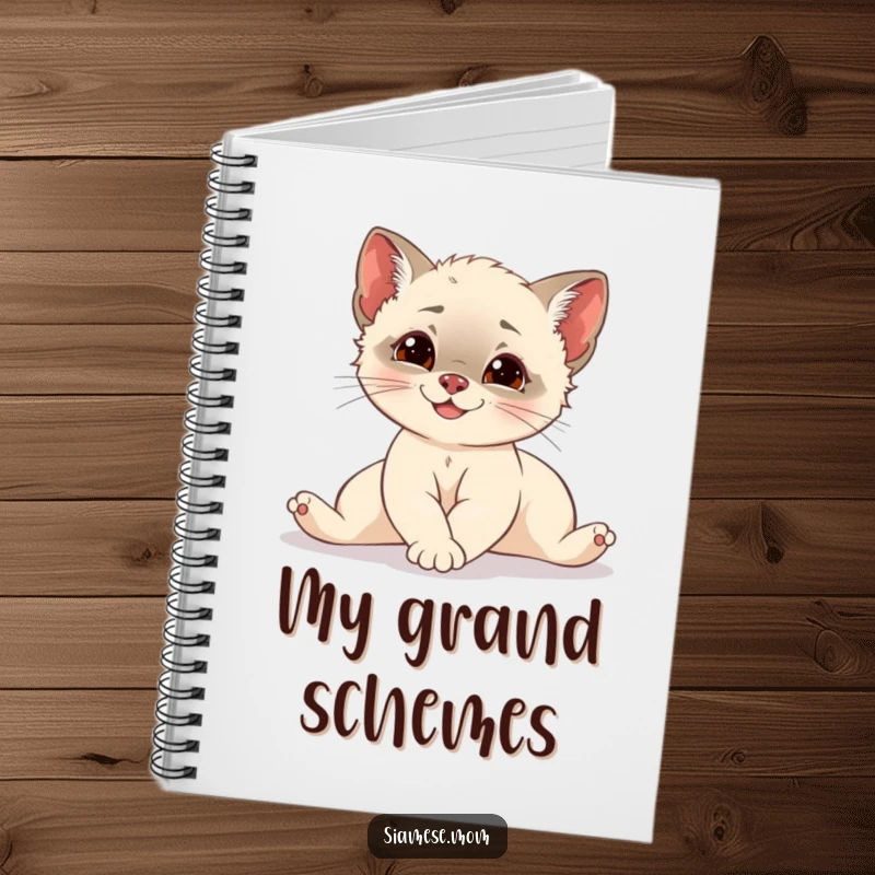 Funny Siamese cub stretching elegantly with a hint of mischief, a cute and humorous notebook for capturing creative thoughts.