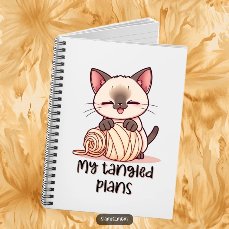 Funny Kawaii Siamese cat notebook, playful smirk, pouncing on a rolled-up ball of yarn, a space for creativity and feline fun.