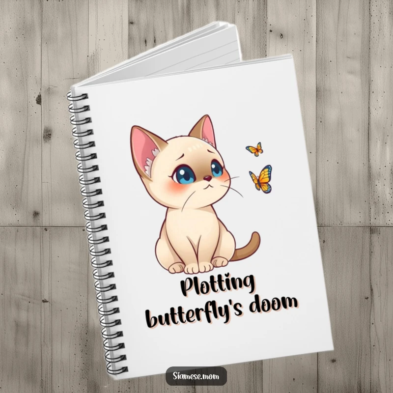 Funny Kawaii Siamese Cat Notebook Alert Posture Watching Distant Butterfly, Witty Journal