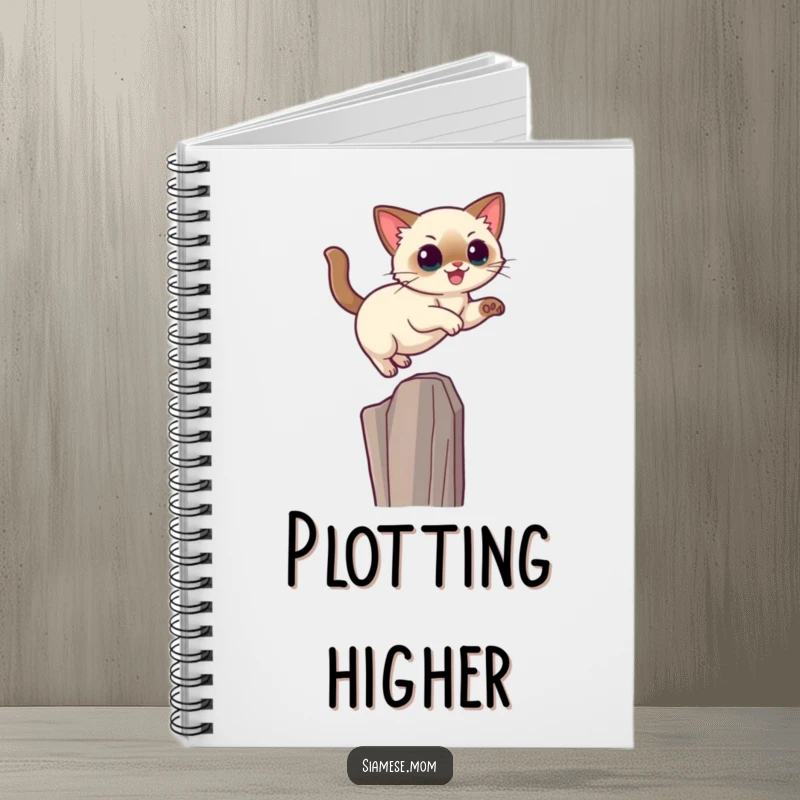 Funny Kawaii Siamese cat notebook cover with a cat leaping gracefully towards a high perch, ready for notes.