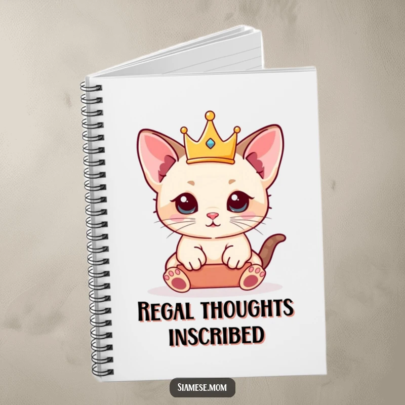 Funny Siamese Kitten Notebook showcasing a kawaii cat balancing a tiny crown, ideal for jotting down regal thoughts.