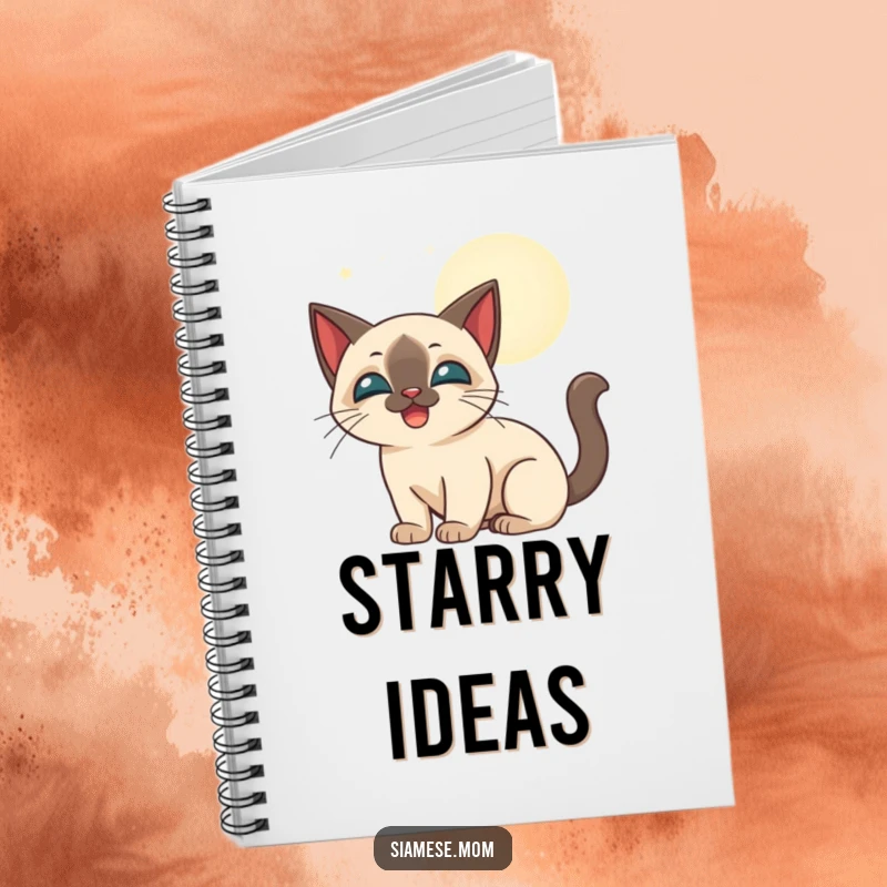 Funny stylized Siamese cat happily batting at glowing moonbeams, on the cover of a notebook.