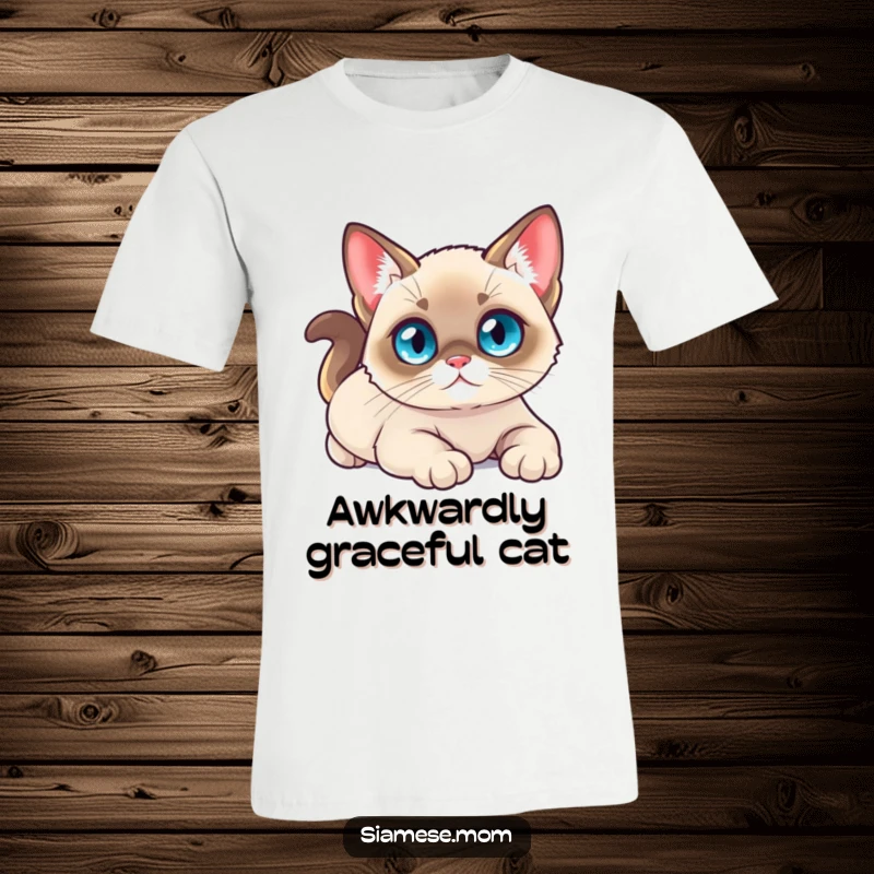 Funny T-shirt featuring a small kawaii Siamese cat with bright blue eyes, stretching luxuriously with a serene expression.