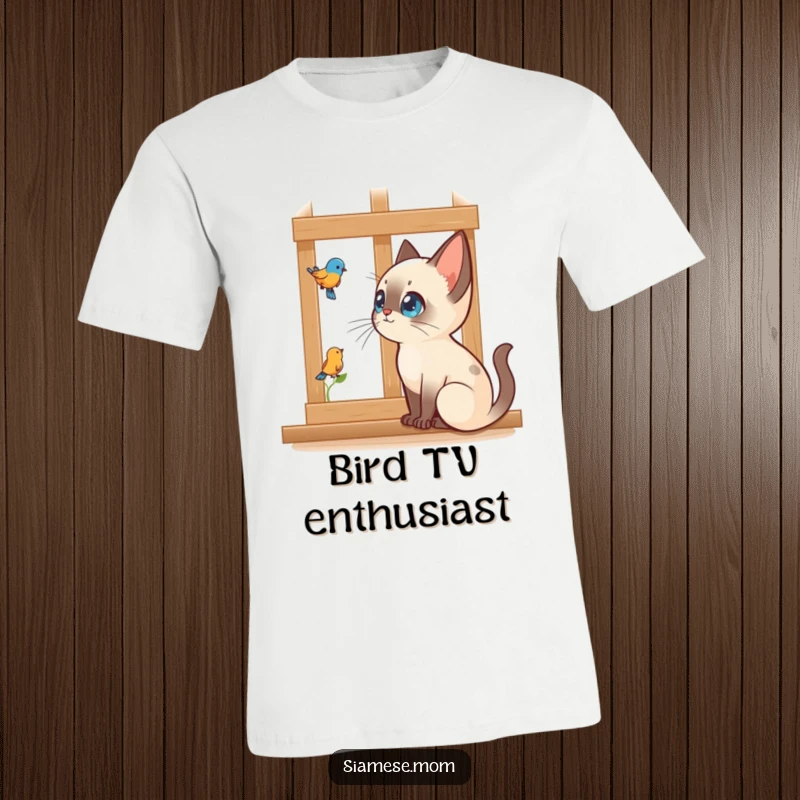 Funny Kawaii Siamese cat t-shirt depicting intense bird watching through a window, highlighting feline focus and humor.