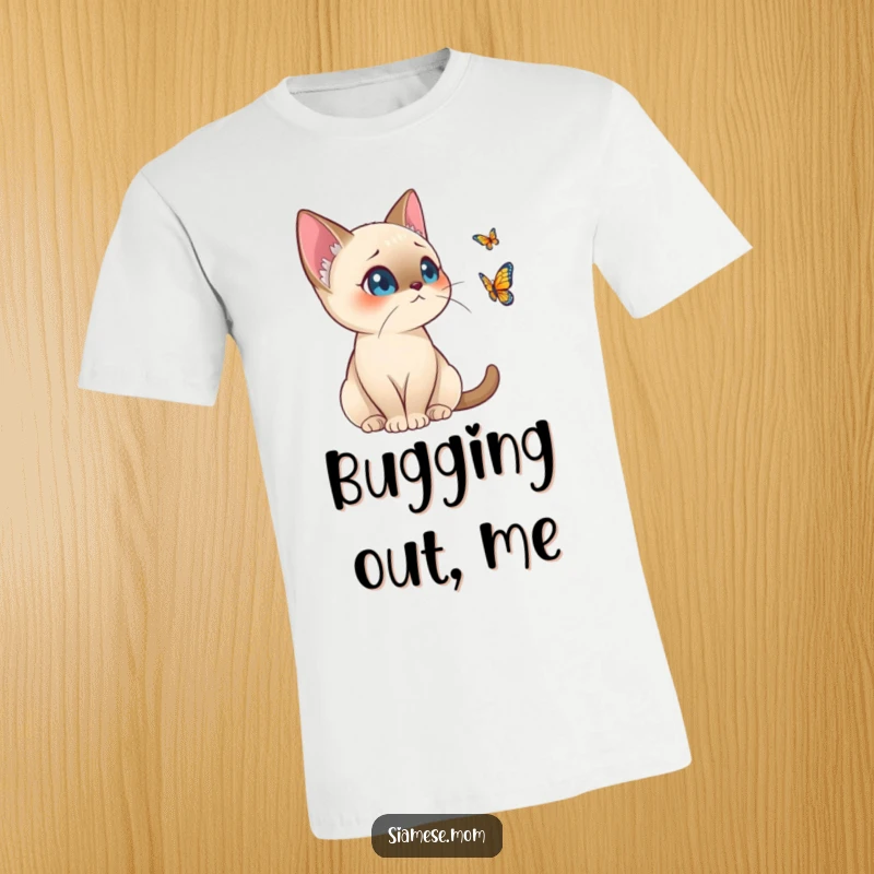 Funny Kawaii Siamese Cat T-Shirt Alert Posture Watching Distant Butterfly, Humorous Cat Apparel