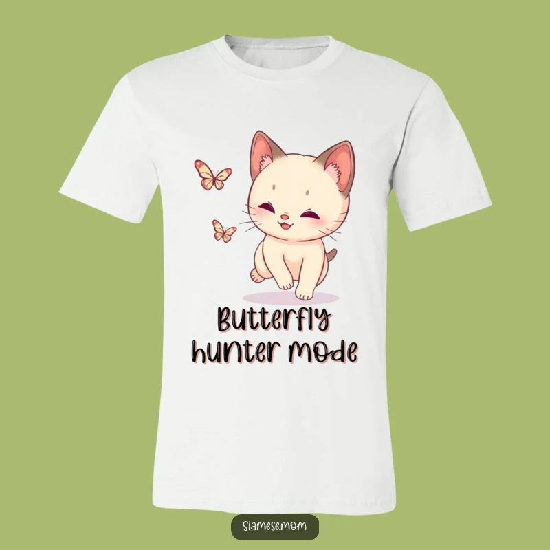 Funny Siamese Cat Butterfly T-Shirt: Playful Pursuit Design - Great Cat Tee!
