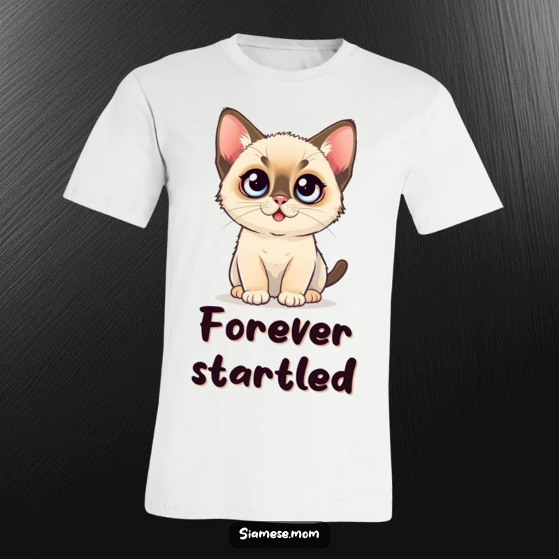 Funny Unisex T-Shirt: A kawaii Siamese kitten with comically large, wide-open eyes and a tiny 'o' shaped mouth.