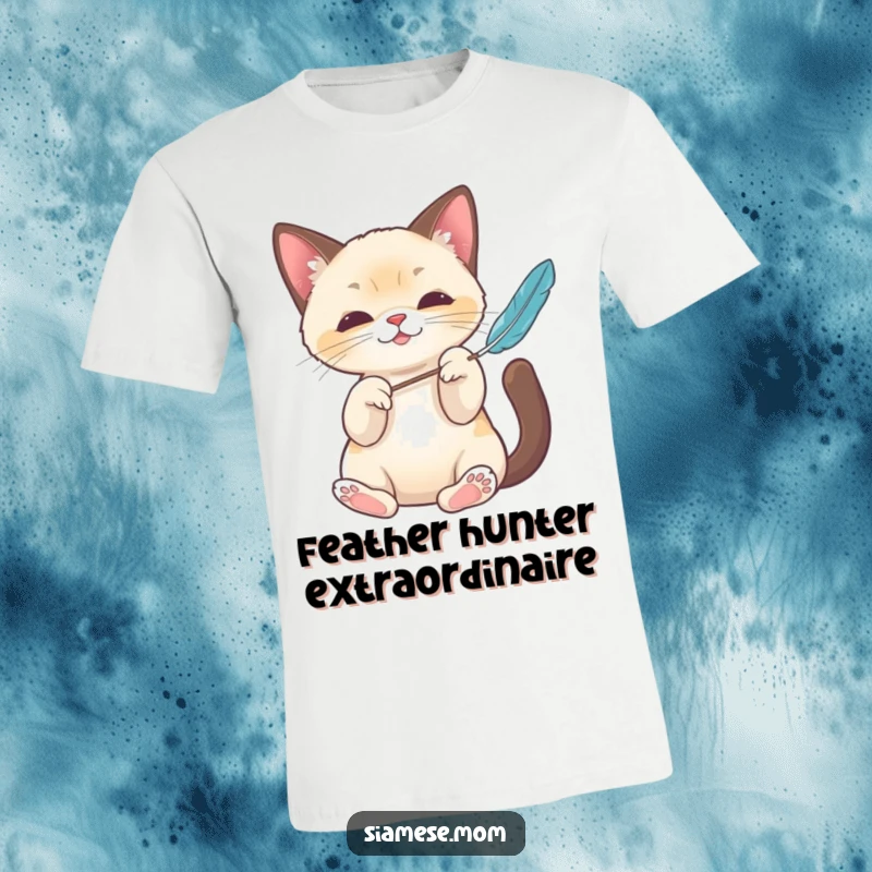 Funny Kawaii Siamese cat t-shirt with elegant paws playfully batting a feather, ideal for cat lovers who enjoy lighthearted humor.