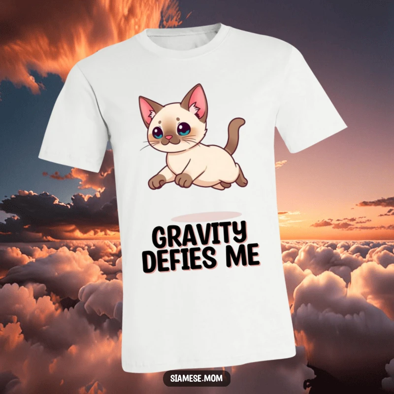 Funny Kawaii Siamese cat t-shirt depicting a graceful leap with tucked legs, ideal for cat enthusiasts who admire feline athleticism.