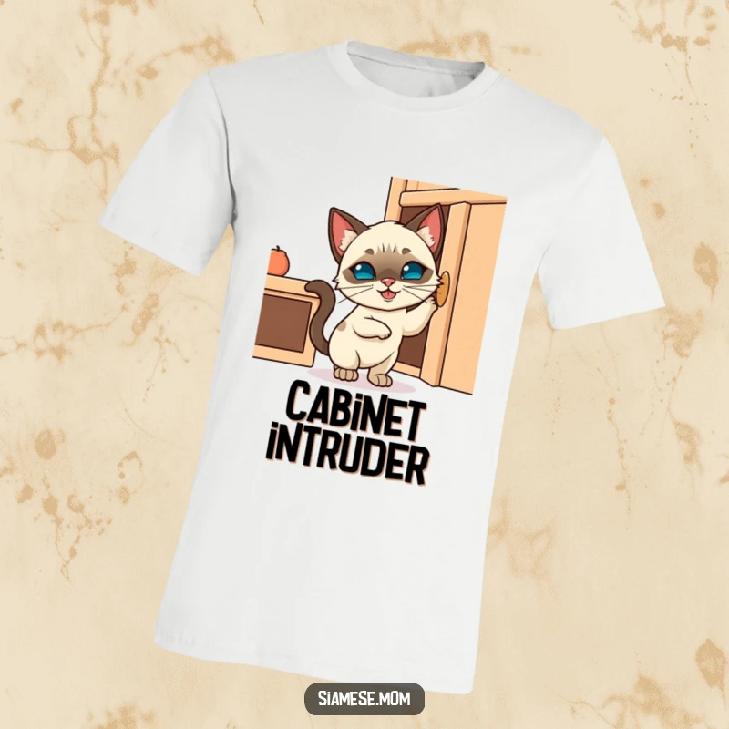 Funny t-shirt graphic of a Kawaii Siamese cat with a sly grin, working on opening a forbidden cabinet, highlighting playful mischief.