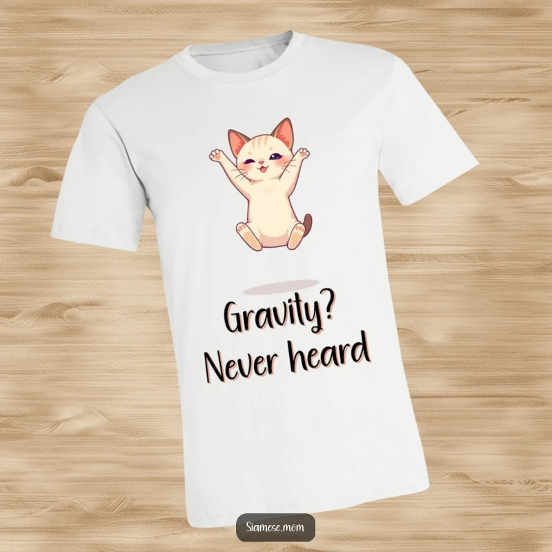 Funny Siamese cat t-shirt, depicting a cat in a dynamic, high jump, celebrating its athletic prowess.