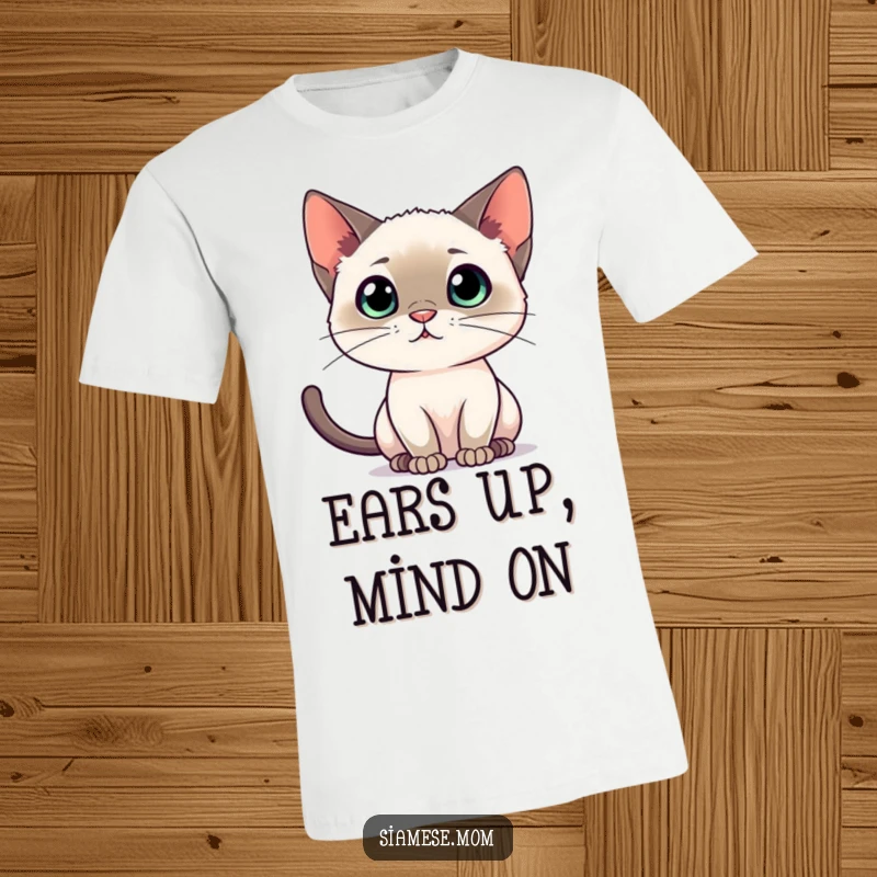 Funny Siamese cat t-shirt, depicting intense listening with perked ears, ideal for cat lovers who appreciate focus.