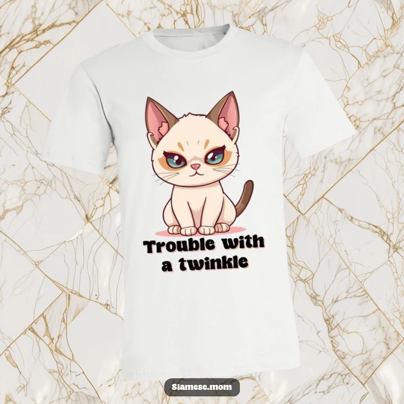 Funny Siamese cat t-shirt, showing a cat with a mischievous twinkle, perfect for those who love playful cats.
